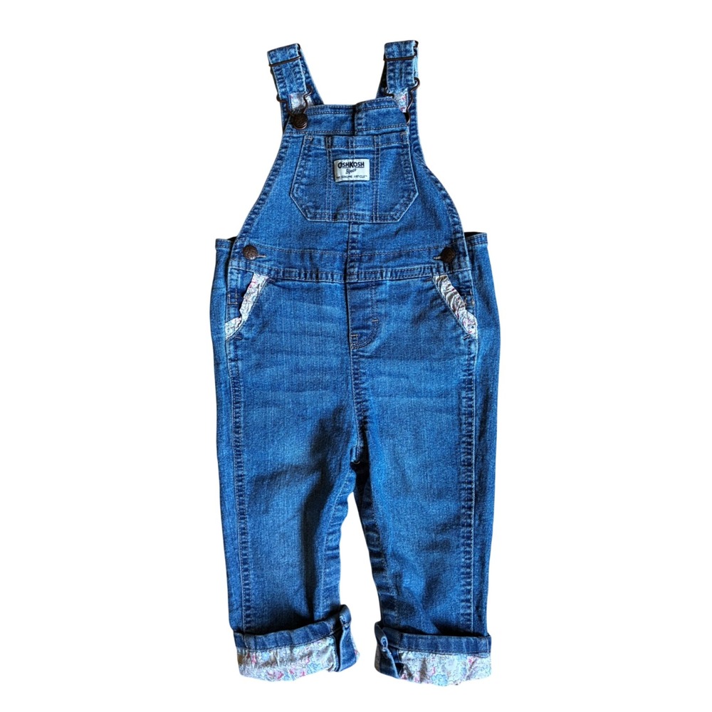 OshKosh Bgosh Baby Girls 18M Denim Floral Trim Bib Overalls Blue Cottagecore